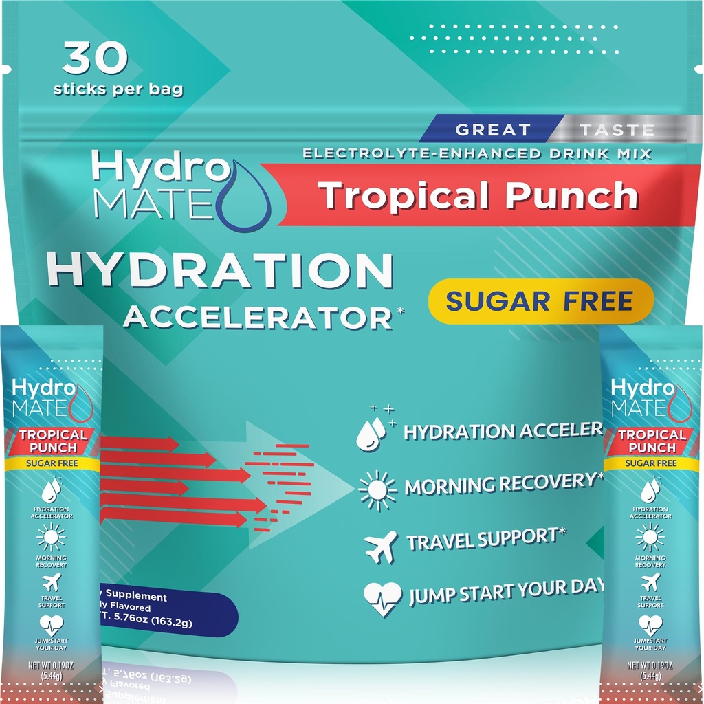 Elektrolytové púdrové hydratačné balíčky bez cukru Tropické Punch HydroMATE 30 Sticks