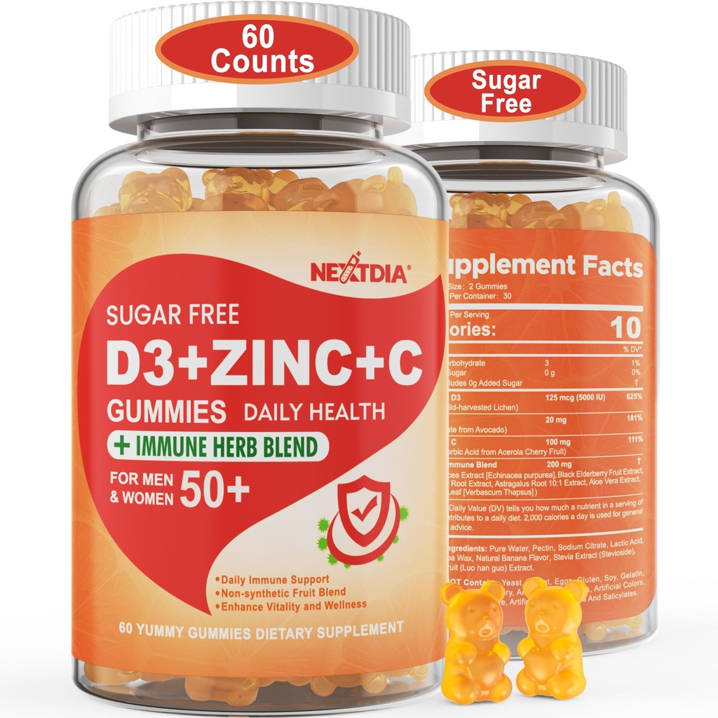 Bezcukrové vitamíny C + D3 + zinkové guličky pre dospelých 50 +, 9 v 1 doplnok imunitnej obrany s D3 5000IU, bazy, echinacea, Mullein Leaf for Boost Imunity, Power Antioxidant, Vegan (Pack of 1)