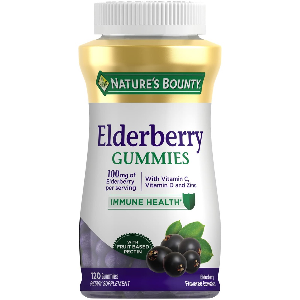 Nature's Bounty Elderberry Gumies, Dietary Supplement, Supports Immune Health, Obsahuje vitamín A, C, D, E a zinok, 100 mg, 120 Gumies