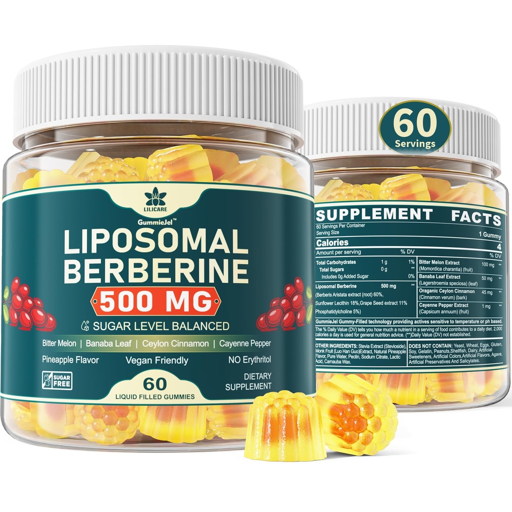 Berberine 500mg Supplement, Once Daily, Lipozomálne Gumies with Ceylon škorica, Bitter Melon, Banaba Leaf for Metabolizmus Balanced, AMPK Activator, vysoká absorpcia, bez cukru, Vegan, 60 Cts