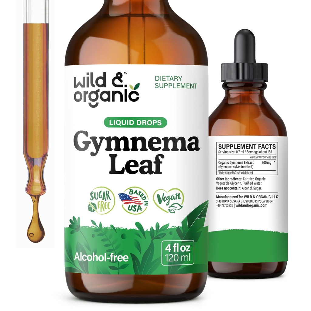 Wild & Organic Gymnema Sylvestre Extract Drops - Cukor-Free Gymnema Sylvestre Doplnky - Gurmar Powder Based Tincture - Vegan, Alkohol-Free Leaf Liquid Drops - 4 fl oz