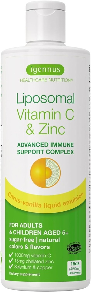 Vysoká absorpcia Lipozomálny vitamín C 1000 mg bisglycinátu zinku, 30-90 dávok, Liquid Immune Support for Adults & Kids 5+, non-GMO, bez cukru, Citrus & Vanilla Flavor, by Igennus