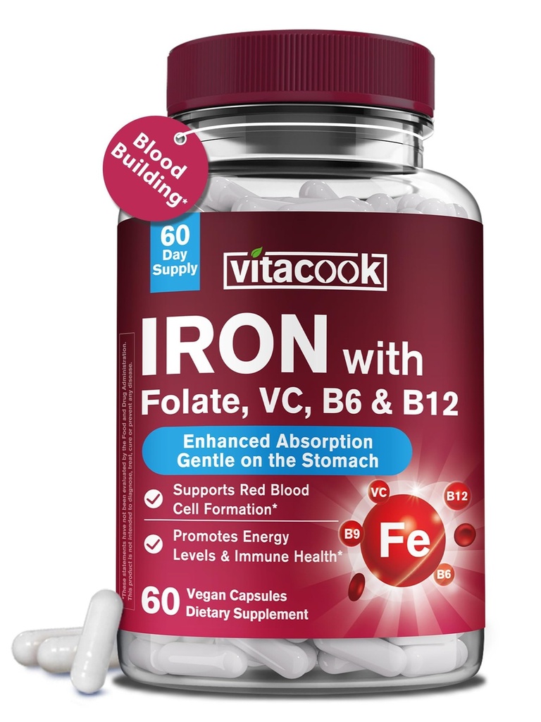 Železo doplnok pre ženy a mužov, železo bisglycinát s vitamínom C, B6, B12, folát, Žalúdok priateľsky, non-Konzultácia, zdravie krvi a energie Boost, 60 Vegan Caps