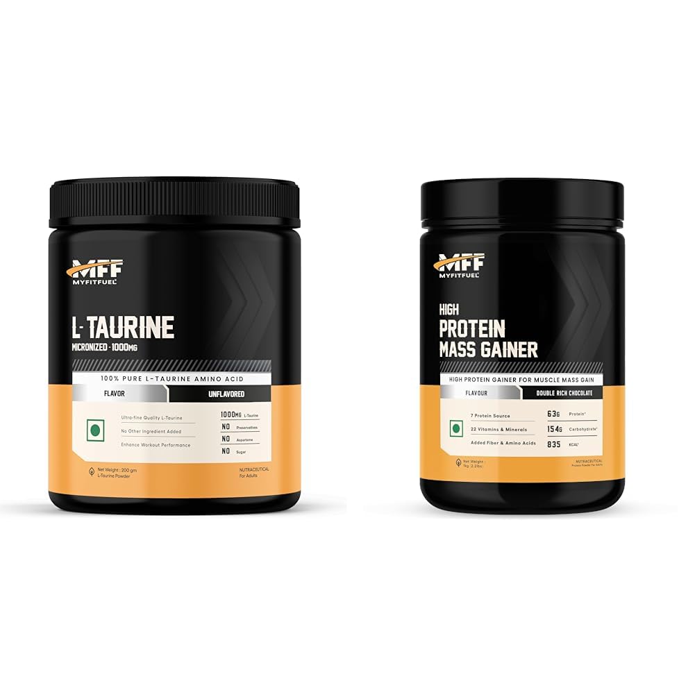 MyFitFuel L-Taurine (200 gm) Unflavoured | MyFitFuel MFF High Protein Mass Gainer 1 kg (2.2 lbs) Double Rich Chocolate