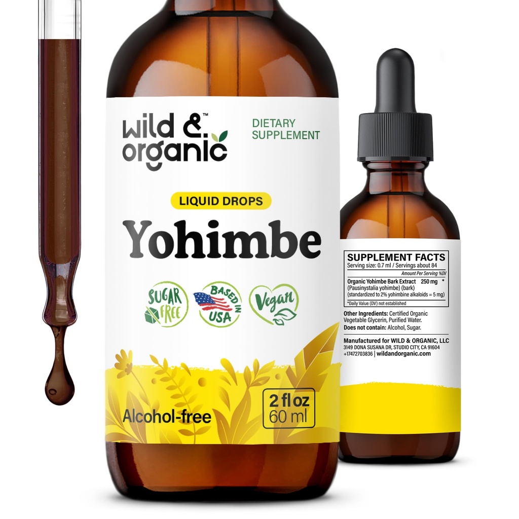 Wild & Organic Yohimbe Doplnky pre mužov a ženy - 5 mg Yohimbine Liquid Extract Drops - Pausinystalia Yohimbe Bark Tincture - Vegan, bez alkoholu - 2 fl oz