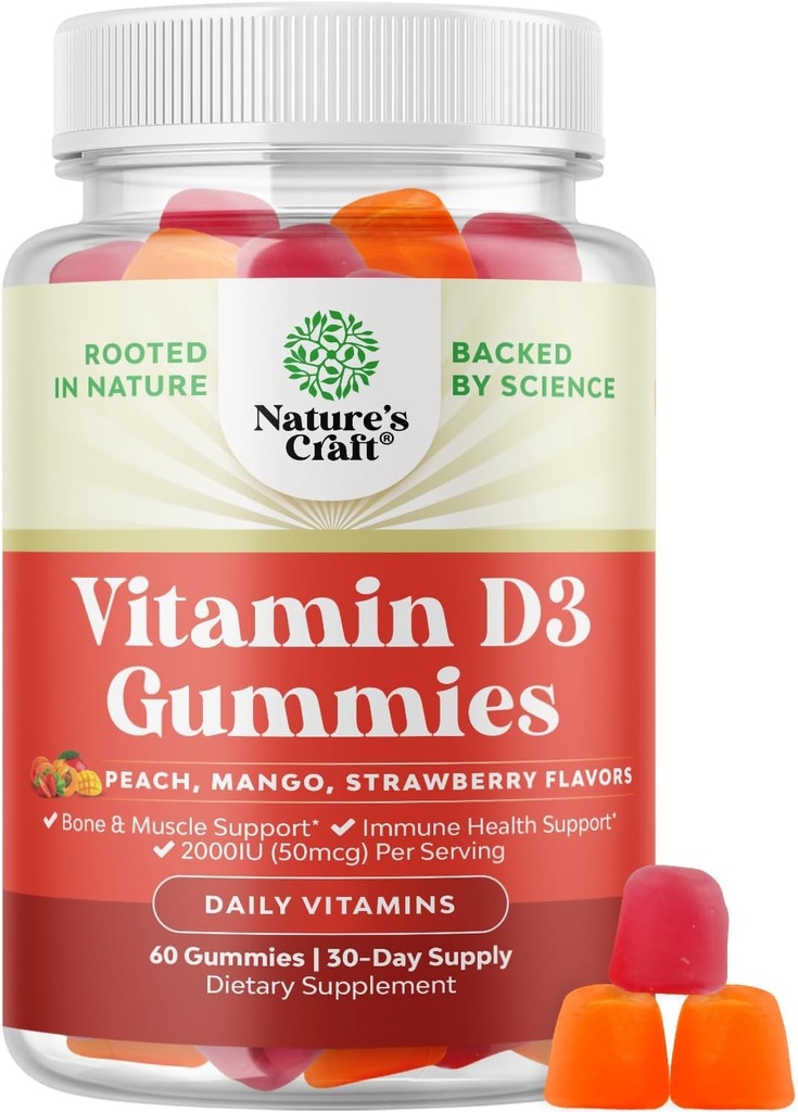 Prírody Remeslo Vitamín D3 Gummy pre denné wellness - Delicious D Dospelí s 2000IU na obsluhu kostného svalstva a imunitnej podpory Non-GMO želatína bez lepidla (30 dní dodávky)