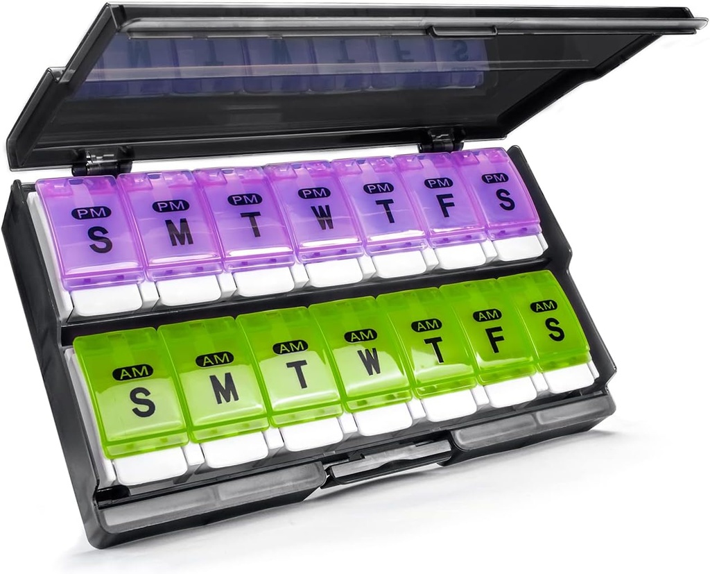 Extra veľké týždenné pilulky Organizátor 2 časy za deň - Remtise Am / Pm Daily Pill Case Organizátor, Tlačidlo 7 deň pilulka pre pilulky / Vitamin / Cod pečene olej / Doplnky (Purple & Green)