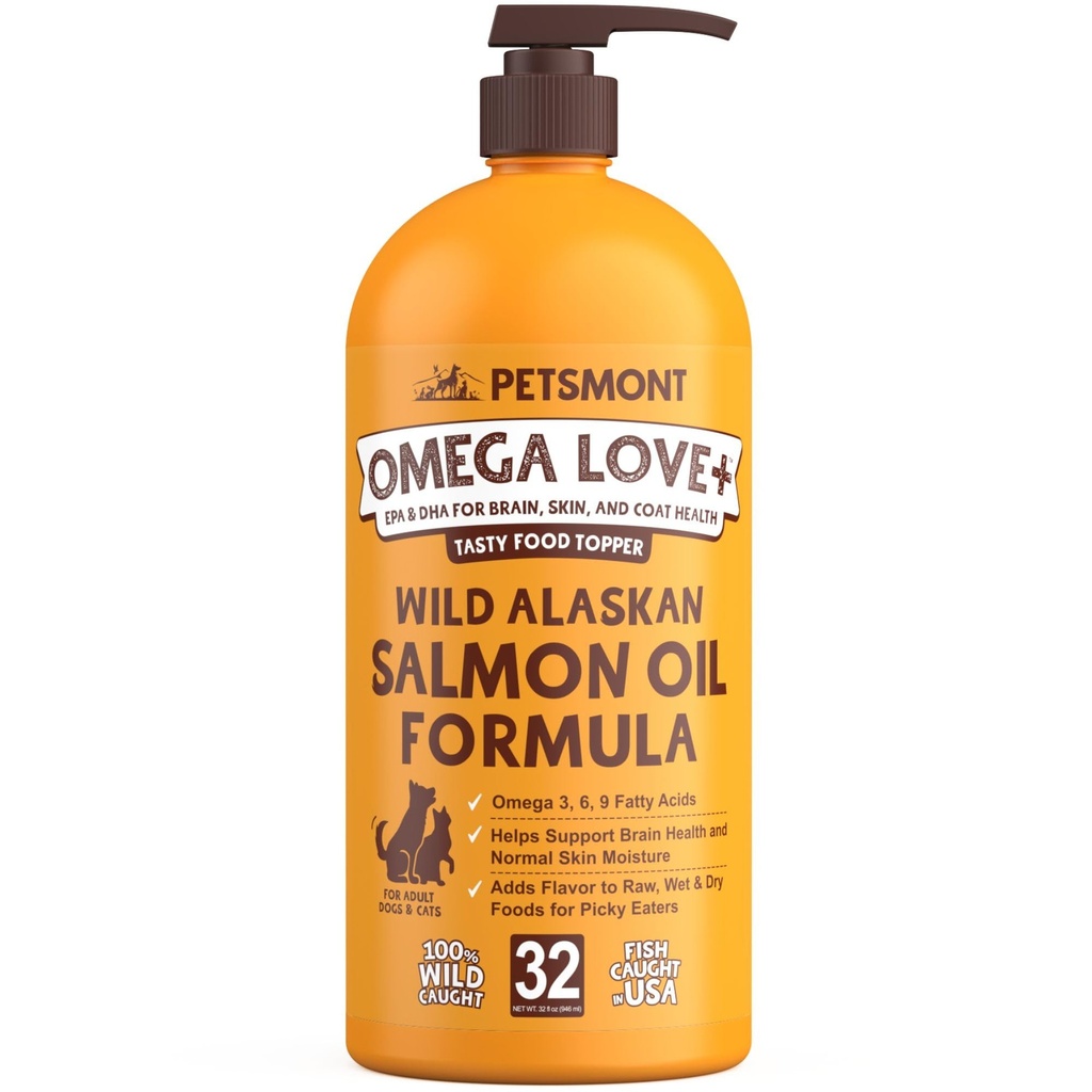 Petsmont Omega Love+ Wild Aljašský lososový olej pre psy Formula 32 oz - Fish Omega Tekuté čerpadlo Mačky podporuje spoločnú funkciu Immune Heart Health Food Supplement Domáce zvieratá Natural EPA DHA Mastné kyseliny