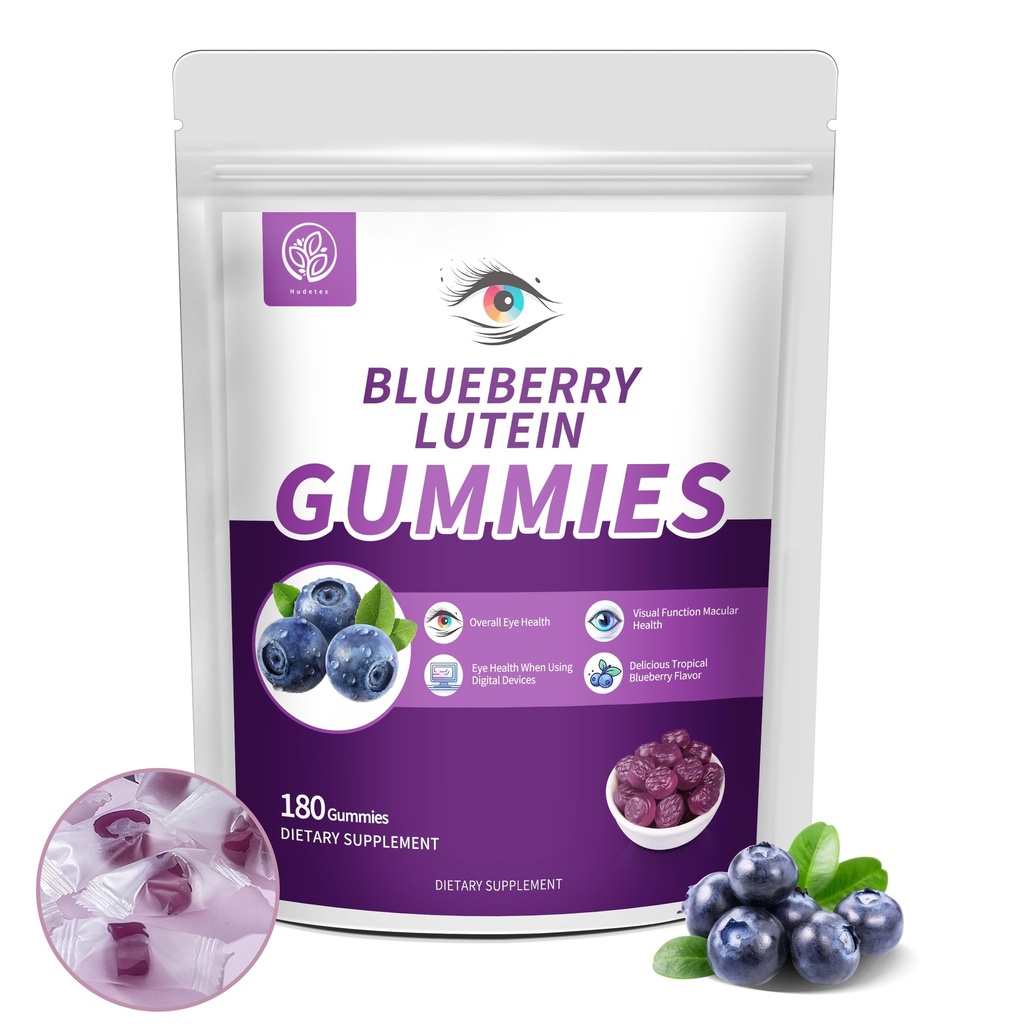 Čučoriedky Lutein očné vitamíny Gumies s 180 Počet - 3 mesiace Zásoba, Vegan Očné zdravie Supplement pre deti a dospelých, Lutein Gumies pre víziu Jasnosť a Blue Light Podpora