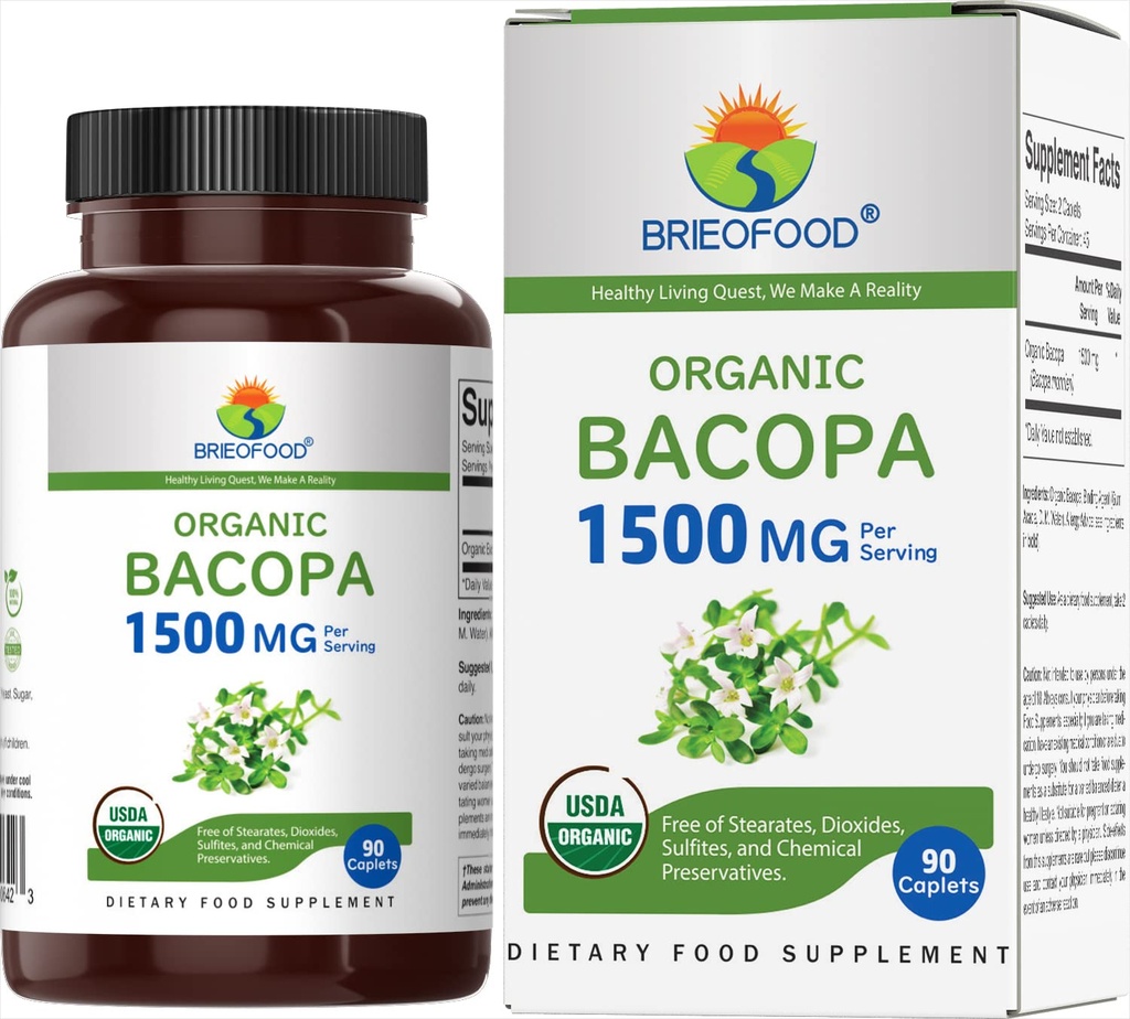 Brieofood Organic Bacopa 1500mg, 45servings, Vegetarián, Gluten Free, 90 Vegetariánske tablety...
