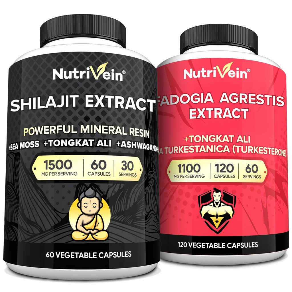 Nutrivein Premium Shilajit Kapsule a Fadogia Agrestis Supplement Bundle: Výkonný Shilajit pre ženy a mužov + Fadogia Agrestis s Tongkat Ali Supplement for Performance, Endurance, & Vitality