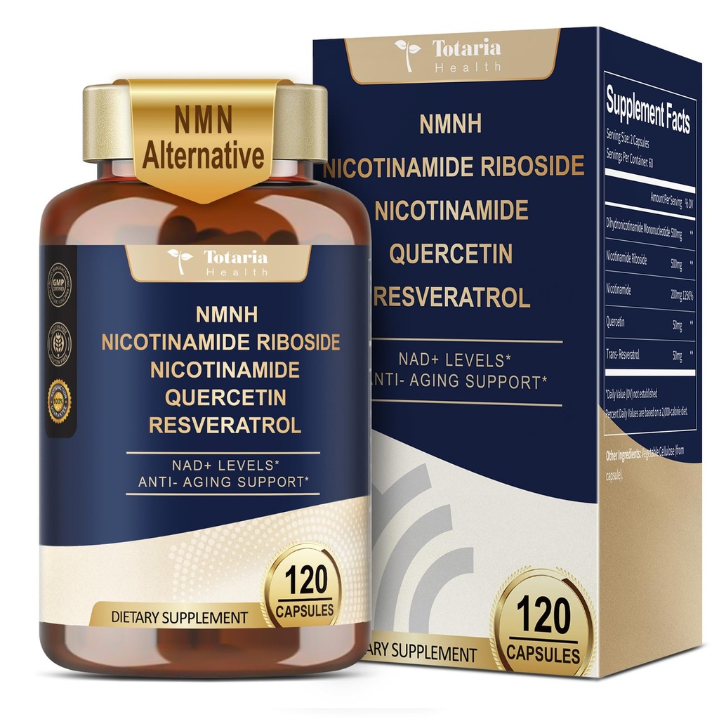 Totaria NMNH (Dihydronikotínamid mononukleotid), NMN Alternative Supplement w/Niacínamid (vitamín B3), Quercetin, Trans-Resveratrol, Support NAD+, Skin Cell Health*, Anti-Aging & Energy, 120 Caps