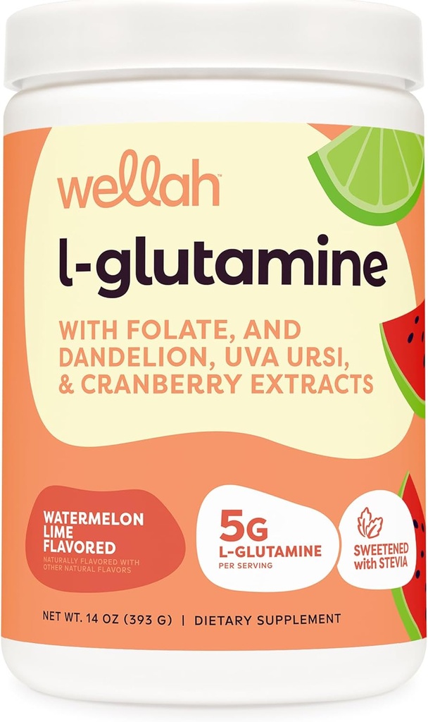 Wellah L-Glutamine Powder Watermelon Lime (50 Servings) - 5g L-Glutamine Per Serving, Sladené s Stevia