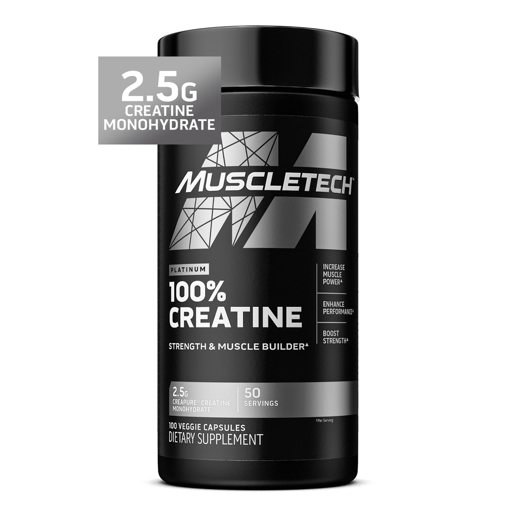 MuscleTech Platinum Kreatín Monohydrát Kapsule - Creapure Creatin Pre a post cvičenie svalového staviteľa, svalového zotavenia a energie Posilnenie doplnok pre mužov a ženy - 100 Veggie tabletky