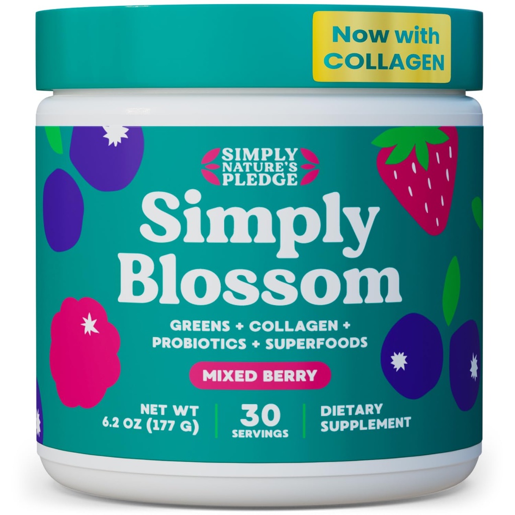 Jednoducho Blossom Nutrition - Daily Greens & Superfood Powder + Collagen + Probiotiká pre ženské trávenie zdravie a Bloating Relief. Pomôžte svojmu zdraviu kvitnúť - 30 dňová ponuka