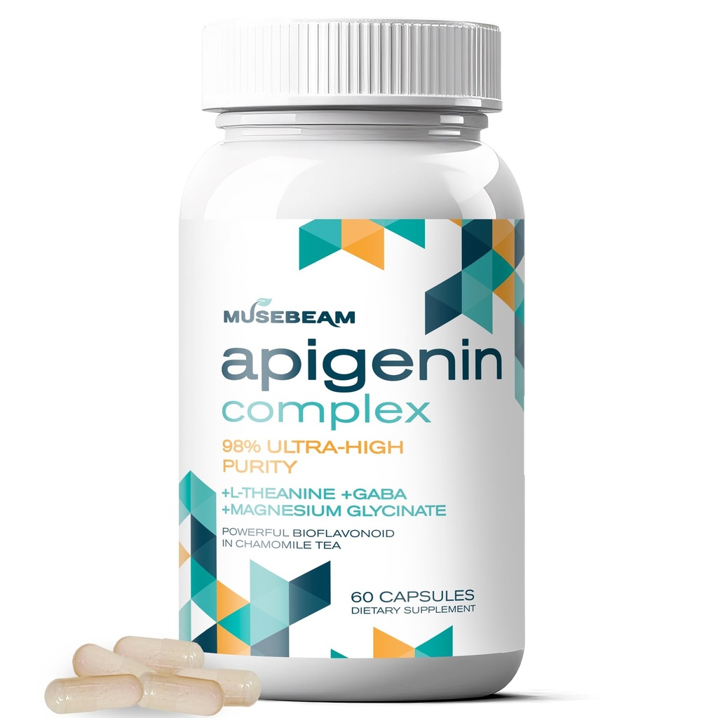 Apigenin Supplement for Rest and Relaxation Support - 50mg Apigenin per capsule with Magnézium Glycinate 275mg L- Theanine 100mg GABA 100mg - 98% Ultra-Vysoká čistota