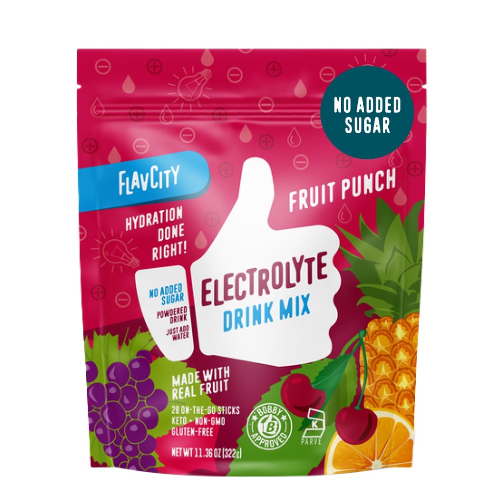 FlavCity Fruit Punch Elektrolytes Powder Pakets - 28 Hydratačné pakety - Bez pridania cukru - Hydratačný prášok s skutočným ovocím a nerafinovanou morskou soľou - Keto a bez lepidla (28 tyčiniek)