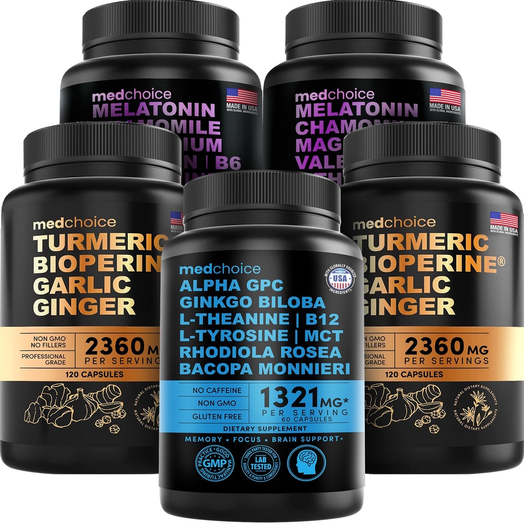 MEDCHOICE Turmerica & Ginger (240ct), spánkový melatonín (180ct) a nootropný mozog (60ct) doplnok Bundle - Wellness Trio pre mozog, spánok, a imunitná podpora - Vegan, non-GMO, bez lepidla