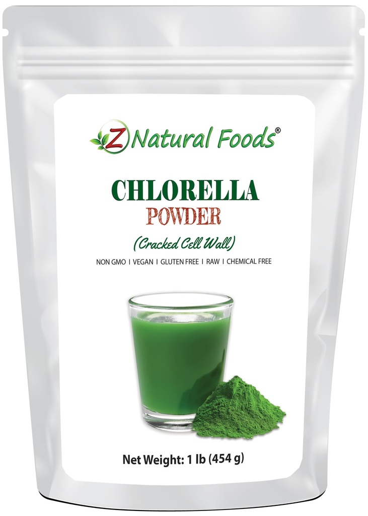 Z Natural Foods Chlorella Powder, Cracked Cell Wall Plant Protein, Blue Green Algae Superfood Powder, Ideálny pre smoothies, Nápoje, recepty, Raw, Non GMO, Gluten Free, Vegan, 1 LB