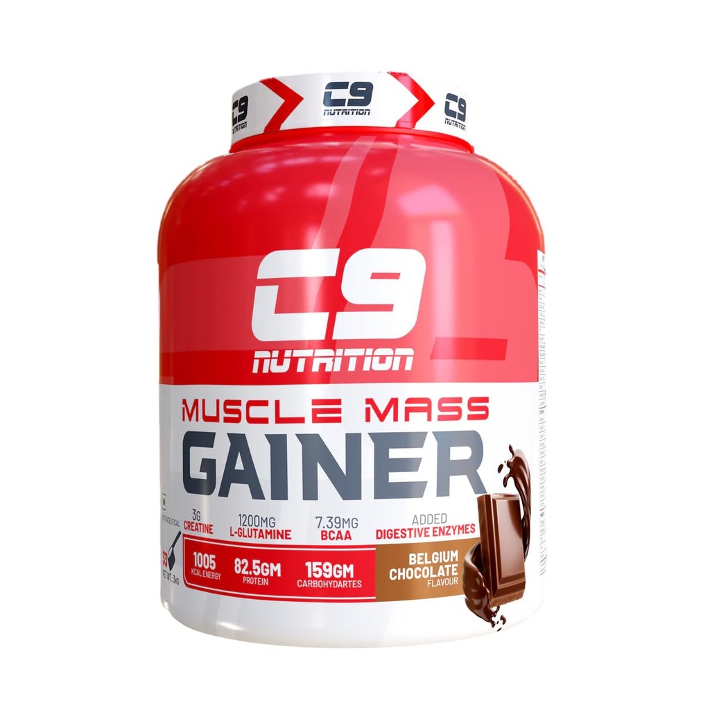 C9 Nutrition Muscle Mass Gainer | High-Calorie Protein Powder for Mass & Strength Gain | 1005 Kcal, 82.5g Protein, 159g Carbs with Creatine, BCAA & Digestive Enzymes, Belgium Chocolate Flavour (30 Servings, 2.75kg)