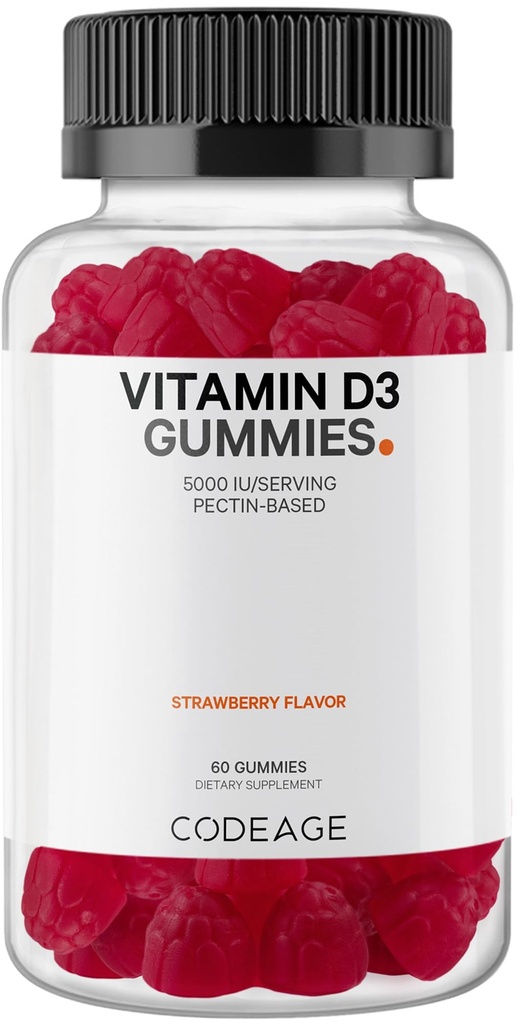 Kódovanie Vitamín D3 Gumové vitamíny, vitamín D3 5000 IU Gummy Cholekalciferol 125 μg - 2-Mesiac Zásoba - Mäkký pektín-Na základe, Živočíšne želatínové vitamíny Gummy, Strawberry, Gluten-free - 60 Gummies