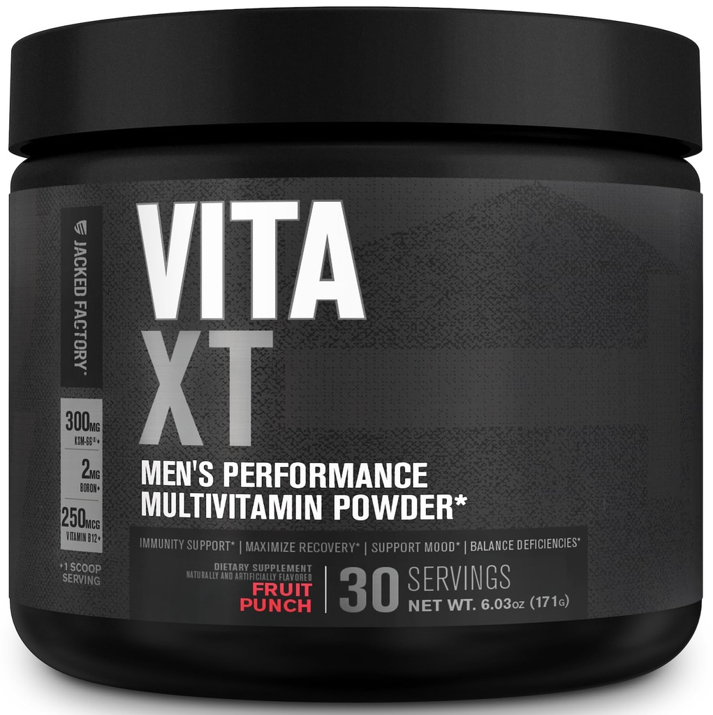 Jacked Factory Vita XT Performance Vitamin Powder - Daily Multivitamínový prášok pre mužov s KSM-66 Ashwagandha, Prebiotické Fiber, Vitamín A, C, D, K, B6, B12, & More - Fruit Punch, 30Sv