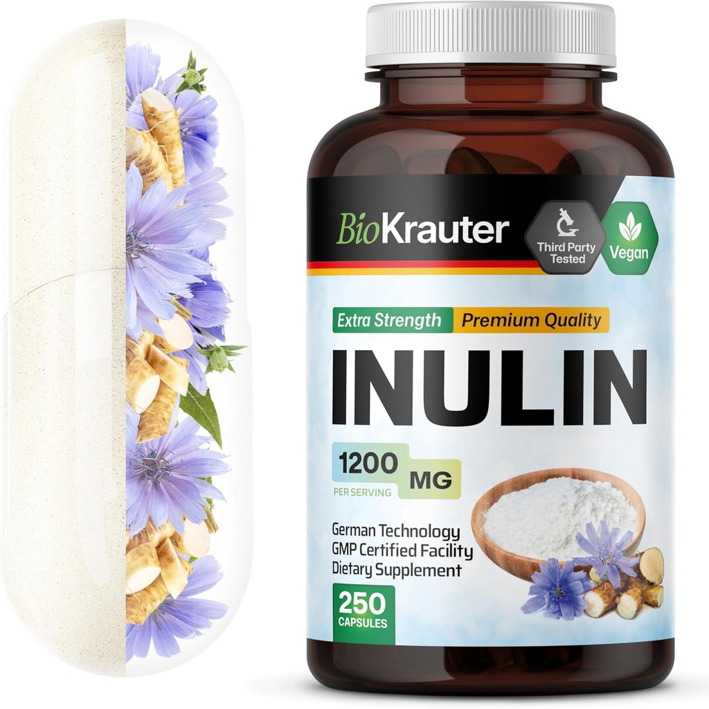 BIO KRAUTER Prášok Kapsule Inulin - Inulin Prebiotické Fiber 1200 mg Sila - 250 Gróf - Pure Rozpustné Fiber Supplements - Citát Root Fiber Kapsule od Digestive Support - Vegan