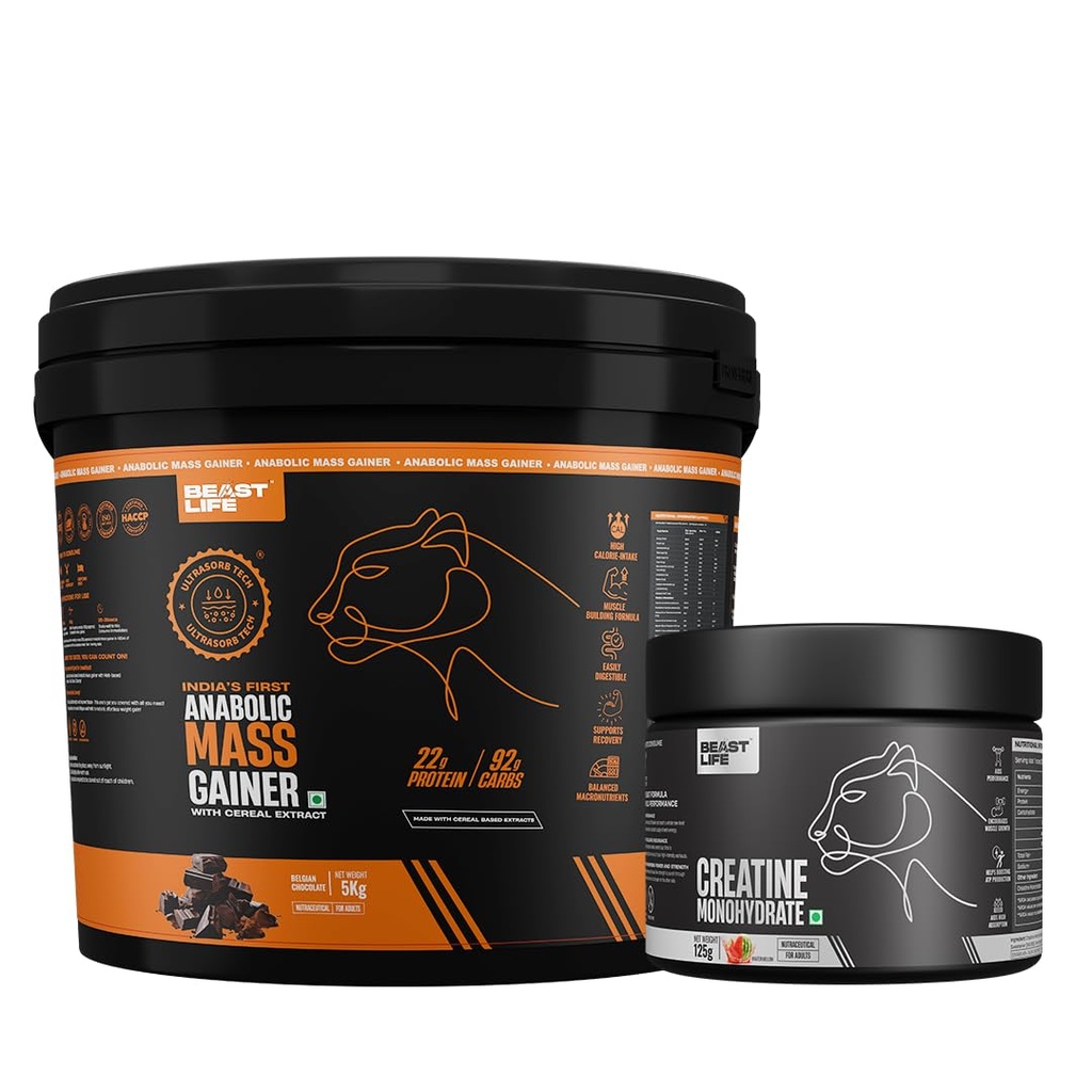BeastLife High Protein Mass/Weight Gainer 5 KG with Creatine Monohydrate 125g | Belgian Chocolate, Watermelon | For Muscle Gain & Fast Growth | Cereal-Based Formula, No Maltodextrin