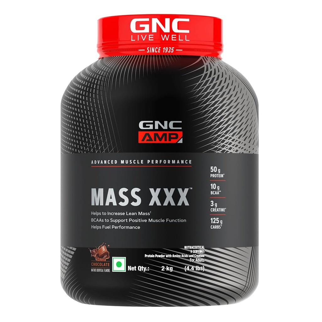 GNC Amp Mass Xxx Gainer Powder|2 Kg|Boosts Lean Muscle Gains|Amps Up Workout Results|50G Protein|10G Bcaa|127.5 G Carbs|3G Creatine|Chocolate, 1 count, 9 servings