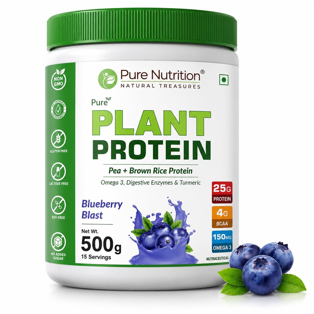 Pure Nutrition Plant Protein Powder | Vegan Protein Powder with Pea & Brown Rice Protein | 25g Plant Based Protein with Flaxseed Omega 3 & Digestive Enzymes | Lactose Free Protein Powder for Men & Women | Plant Protein Powder for Muscle Recovery, Strength & Daily Nutrition Support - 500g Berry Blast Flavour