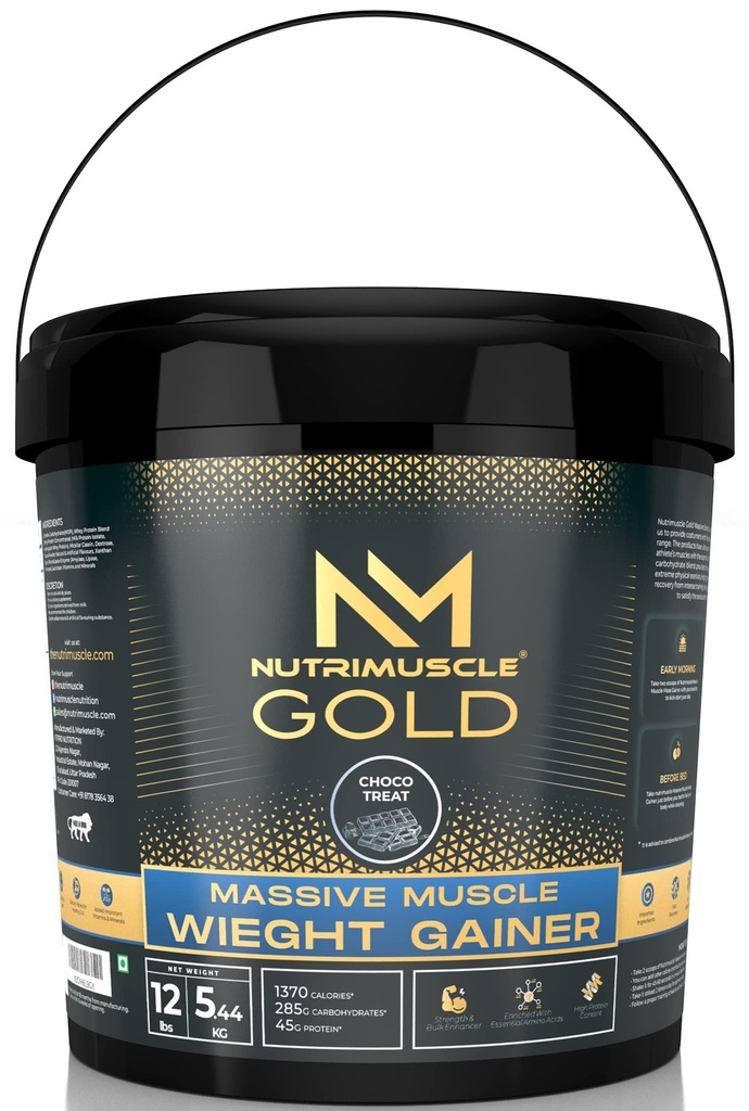 NutriMuscle Massive GOLD Weight Gainer Powder – 12 Lbs (5.44 Kg) | Choco Treat Flavour | High Calorie Protein & Complex Carb Blend for Muscle Mass & Weight Gain | Men & Women
