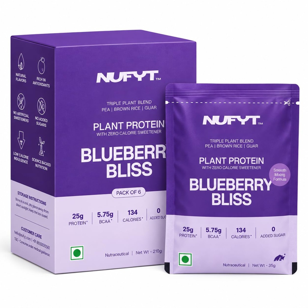Blueberry Plant Protein Powder Sachets | Pack of 6 x 35g (210g) | 25g Protein Per Sachet | Pea + Brown Rice + Guar Blend | No Added Sugar, Vegan, Soy & Gluten Free | Blueberry Bliss