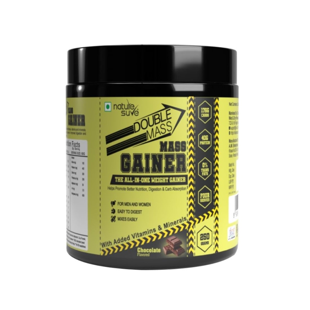 Nature Sure Double Mass Chocolate Flavored Mass Gainer with Whey Protein and Enzymes, Free Scoop Inside - 1 Pack (250 Grams)
