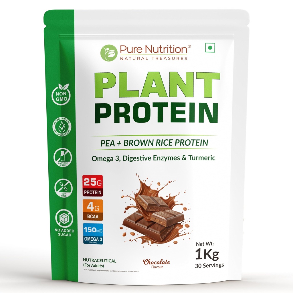Pure Nutrition Plant Protein Powder with Pea & Brown Rice Protein | 25g Plant Based Protein with Flaxseed Omega 3 & Digestive Enzymes | Lactose Free Protein Powder for Men & Women | Plant Protein Powder for Muscle Recovery, Strength & Daily Nutrition Support - 1kg Chocolate Flavour