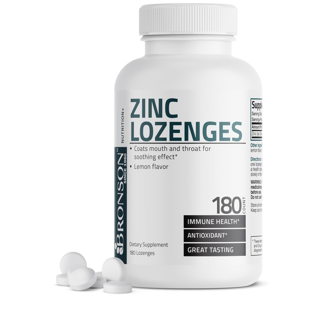 Bronson Zinok Lozenges Antioxidant a Immune Suplement Lemon Ochutené, 180 Žuvacie tablety