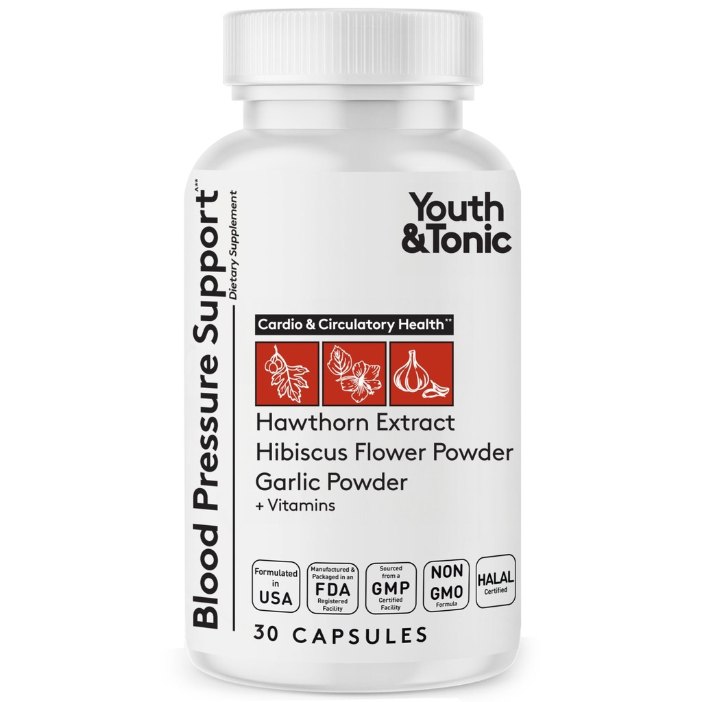 Youth & Tonic Natural Blood Pressure Support Supplement w/Hawthorn Hibiscus & High Potency Diuretic Herbs & Vitamin for Water Retention 