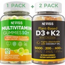 NEVISS 50+ Denné Gumové multivitamínové algae Omega 3 & Calcium, CoQ10, horčík + vitamín D3 5000 IU Gummy 125mcg s vápnikom 600mg, K2(MK7) 200mcg