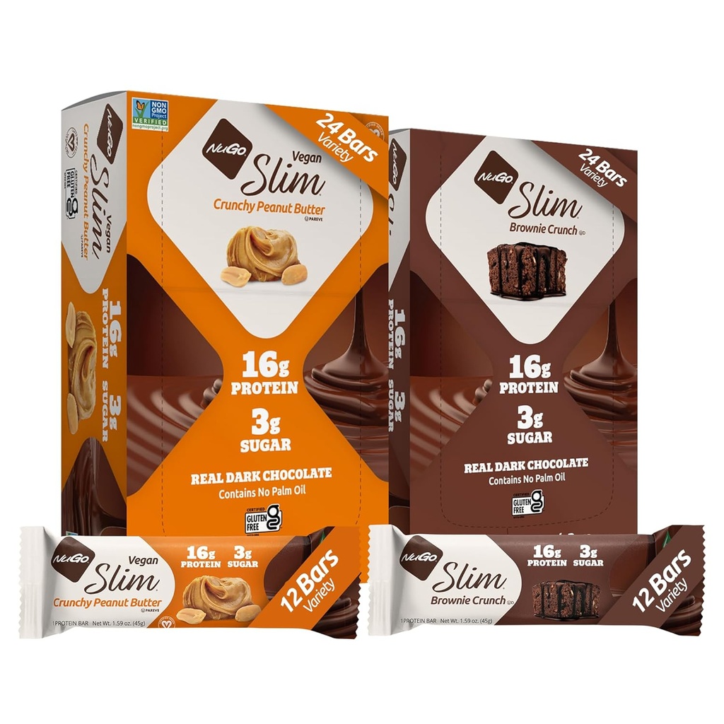 NuGo Slim 24ct Rozmanitosť - Chrumkavé arašidové maslo 12 barov & Brownie Crunch 12 barov, 16 g proteínu, Keto Friendly, Gluten Free, 24 počet