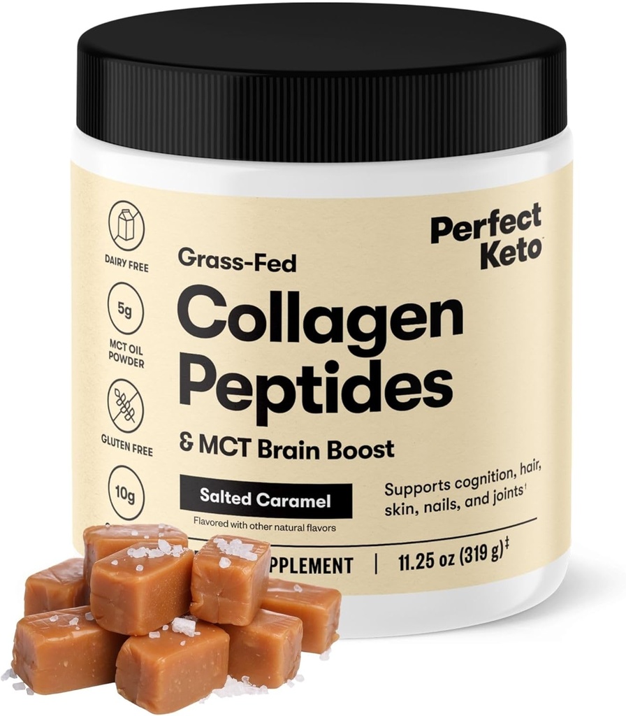 Perfect Keto Collagen Peptides Protein Powder with MCT Oil, Hydrolyzed Collagen, Typ I & III Supplement, Gluten Free Grass Fed, Low Carb, Keto Coffee Creamer, Collagen for Women & Muži, Salted Caramel