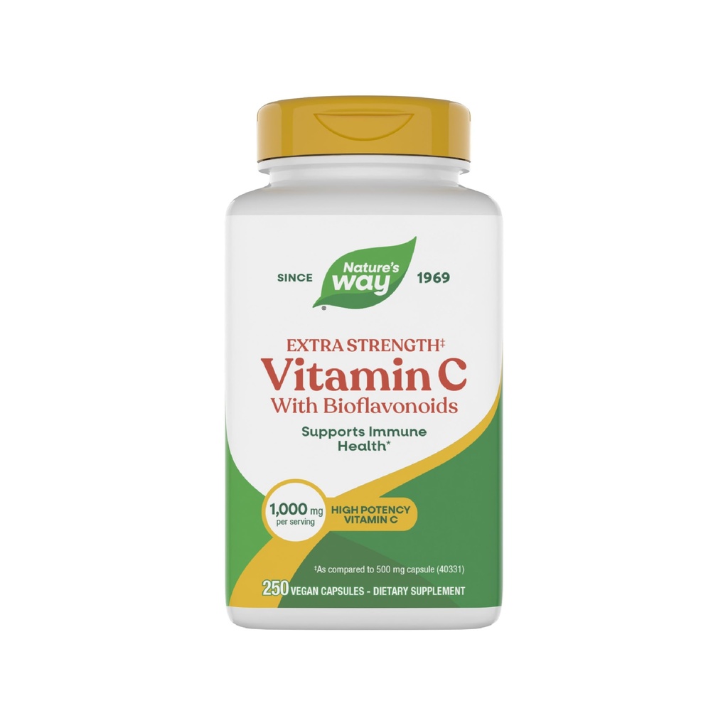 Prírodný spôsob Extra sila Vitamín C s bioflavonoidy, podporuje kolagén výroby pre zdravú pokožku*, 1g vitamín C ako kyselina askorbová v kapsule, 250 Vegan kapsule (Backaging May Vary)