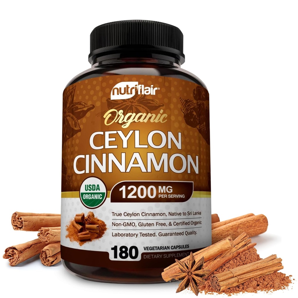 NutriFlair Organic Ceylon škorica (100% Certified Organic Ceylon škorica) 1200mg per Serving, 180 Kapsule - kĺby, zápal, antioxidant