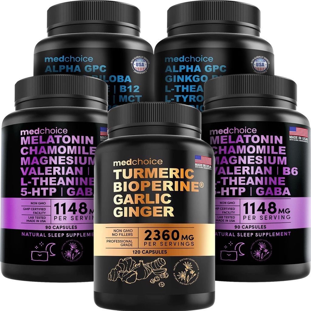 MEDCHOICE Turmeric & Ginger (120ct), spánkový melatonín (180ct) a nootropný mozog (120ct) doplnok Bundle - Wellness Trio pre mozog, spánok, a imunitná podpora - Vegan, non-GMO, bez lepidla