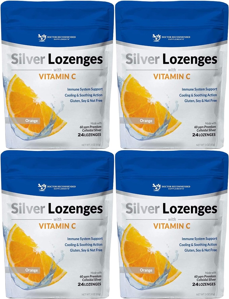 Silver Lozenges s vitamínom C - Premium Nano Silver 60 PPM Koloidné striebro, organický med a vitamín C Minerálne kvapky na podporu imunitného systému, Kašeľ a hrdlo - balenie po 4