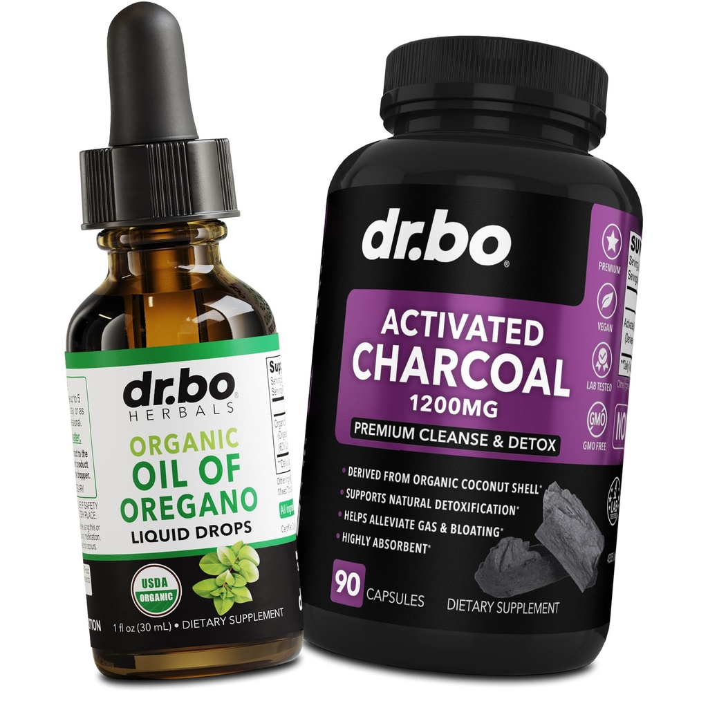 Oregano Oil Organic Liquid Drops & Charcoal Kapsule - Oil of Oregano Drops Tinture Extract & Charcoal Pills for Žalúdočné plyny Cleanse Detox Immune Support, Digestive Binder - Organic