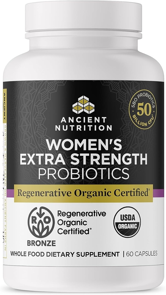 Ancient Nutrition Regenerative Organic Certified Probiotics for Women, Probiotiká Ženy Extra sila, Zdravé trávenie a imunitný systém Podpora funkcie, 25 miliárd CFU* Za obsluhu, 60 Počet