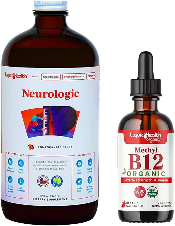 LIQUIDHEALTH Neurologic Nootropic Focus Supplement & Organic Methyl B12 5000mcg Vitamin Drops with Tart Cherry Juice for Immune Support, Improved Memory & Concentration, Natural Energy, Overall Health