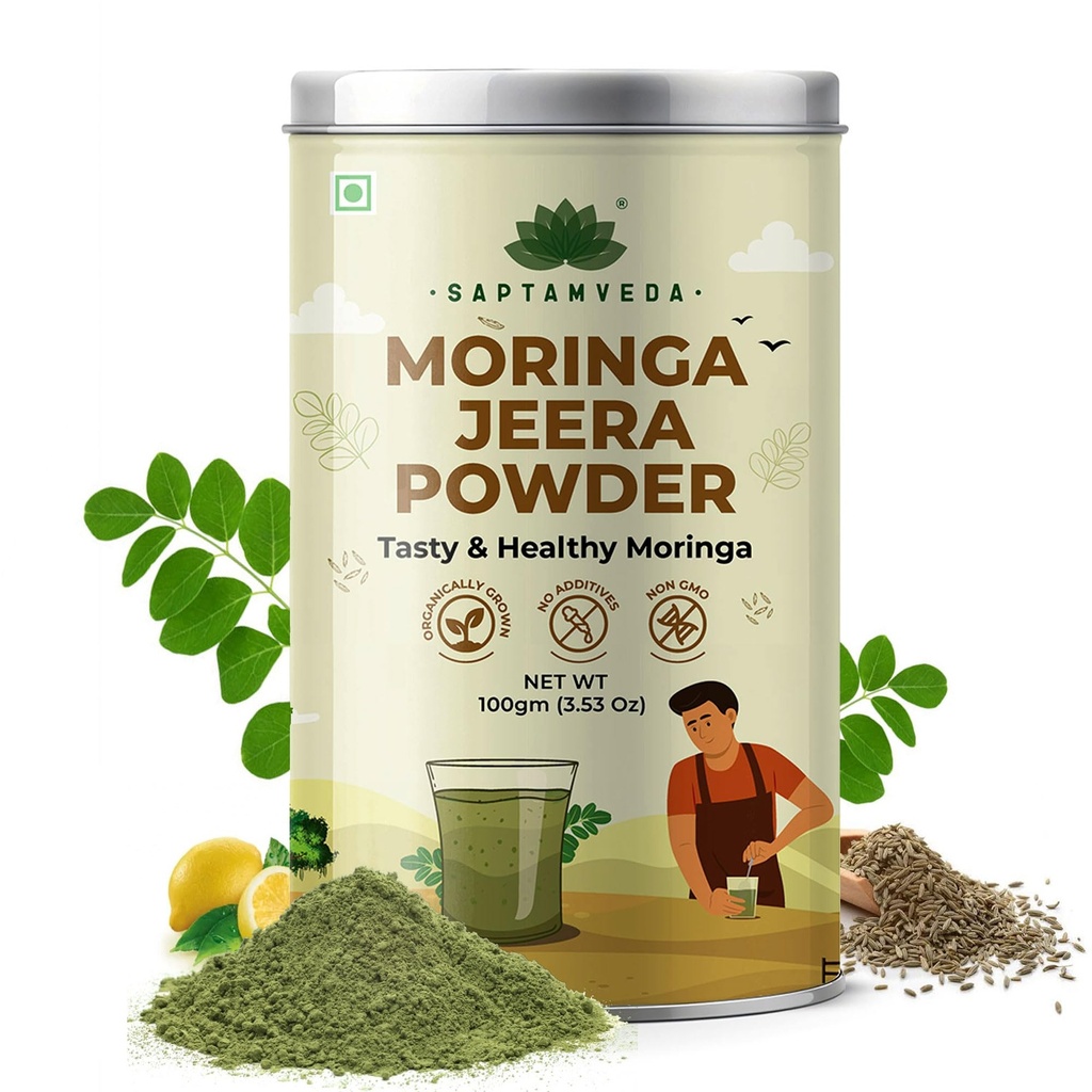 Saptamveda Moringa Jeera Powder - 100g | Ayurvedic Herbal Blend for Digestion, Detox, Metabolism & Immunity | 100% Natural, Vegan | Cumin & Moringa Superfood Mix for Gut Health & Weight Management