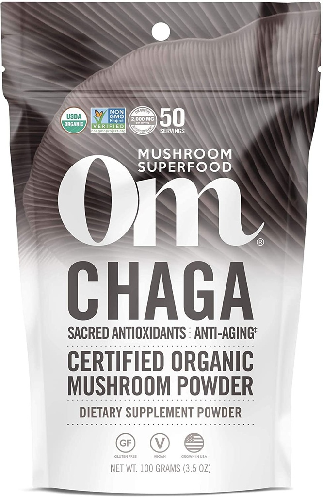 Om Mušroom Superfood Chaga Organic Mušroom Powder, 3.5 Ounce, 50 Servings, US Grown, Sacred Antioxidants & Immune Support, Superfood Mushroom Supplement