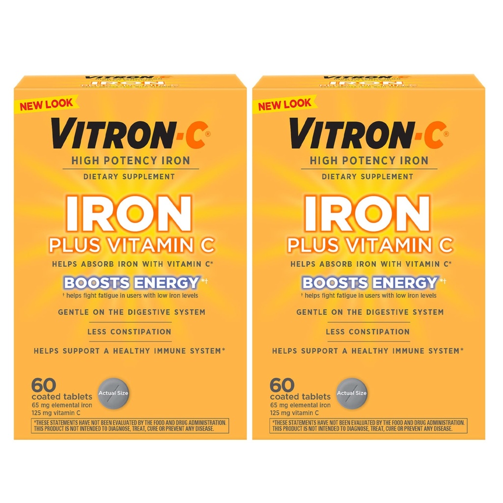 Vitron- C Železo Supplement, Once Daily, High Potency Železo Plus Vitamín C, Podpora výroby červených krviniek, Farbené bez tabliet, 60 Počet, 2 Balenie