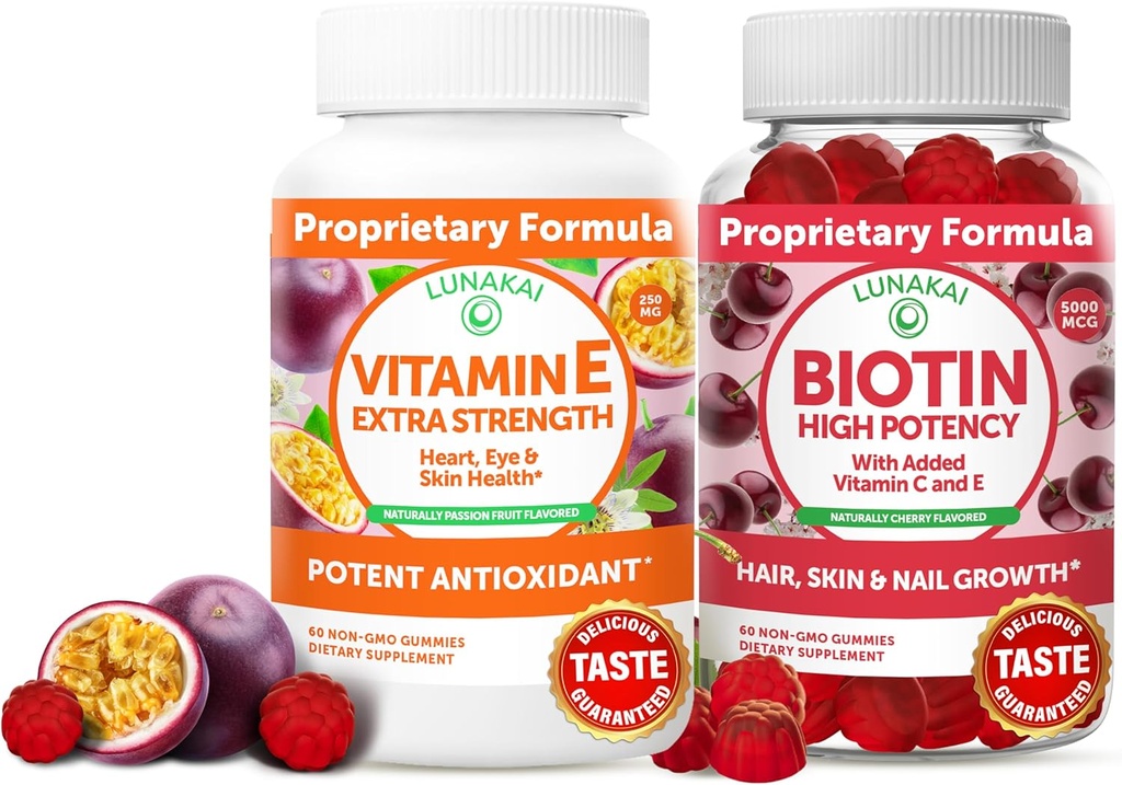 Lunakai vitamín E a biotín Gummy Bundle - 3000 mcg Gummy pre dospelých Energetická podpora a zdravie kostí - Vitamíny pre vlasy, pokožku a mladistvý vzhľad